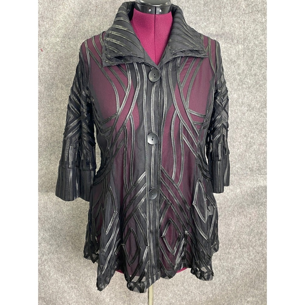 Damee Black Sheer Ribbon Appliqué Kimono Jacket Whimsigoth Art‎ to Wear Witchy